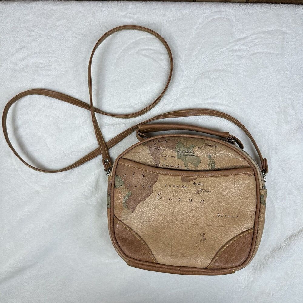 Vintage Gitano World Map Crossbody Purse Tan Faux Leather Travel Bag 90s